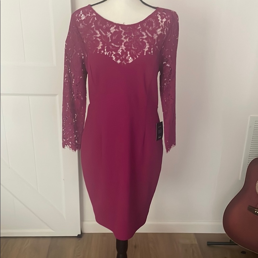 Lulu's Red Long Sleeve Sheath Dress with Lace